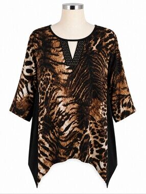 Elie McCarthy Animal Print Tunic Top Womens Size 2X Studded V-Neck 3/4 Sleeve